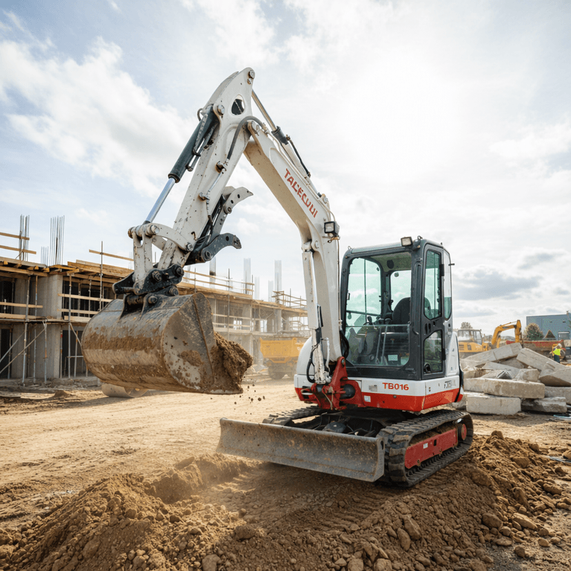 Компактен минибагер Takeuchi TB016 на строителна площадка