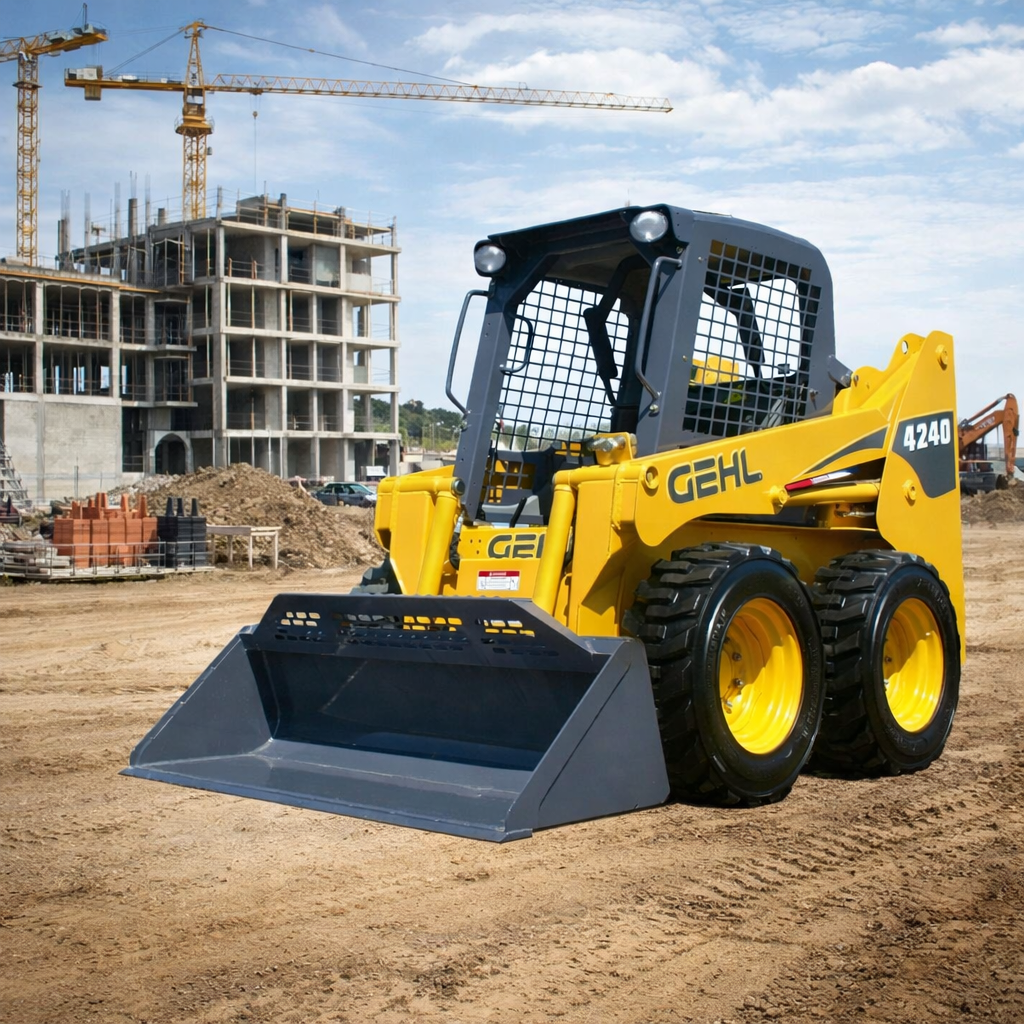 Професионална снимка на жълт GitHub 4240E скид-стий товарач на активен строителен обект с кранове и недовършени сгради на заден план