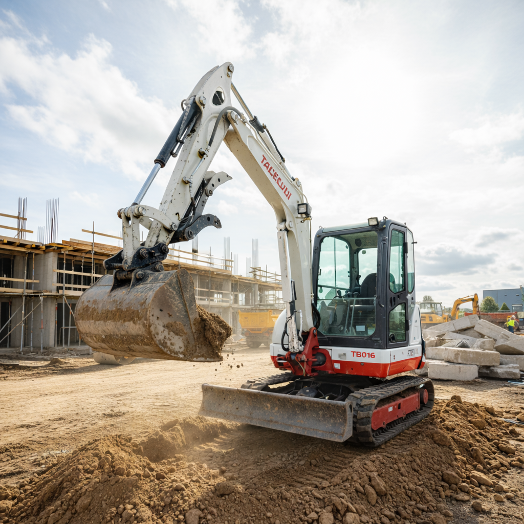 Компактен минибагер Takeuchi TB016 на строителна площадка